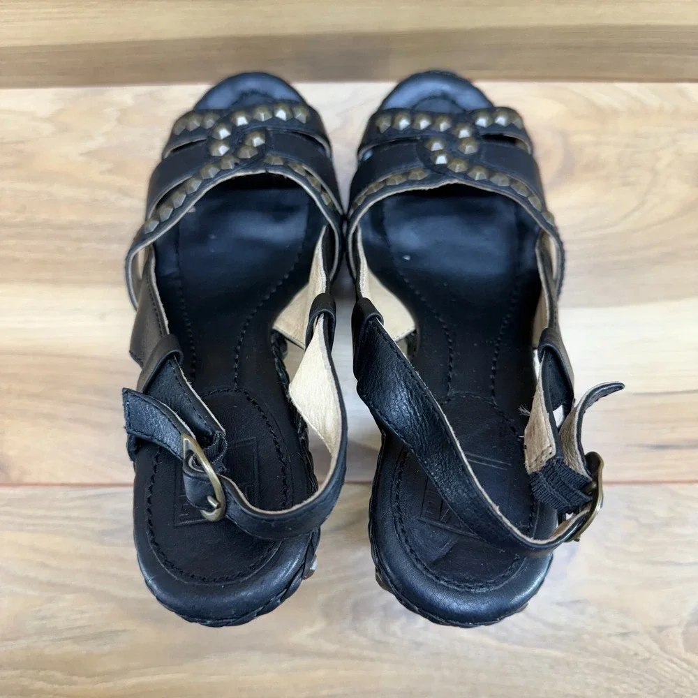 Frye Womens Heels 7.5 Dara Honeycomb Sling Black Leather Platform Studded